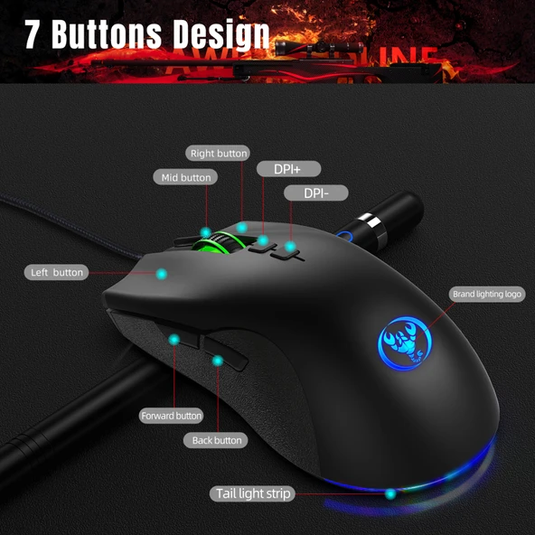 HXSJ A883 Mekanik Kablolu Oyuncu Mouse 7 Tuş 6400 DPI RGB Işıklı - 11