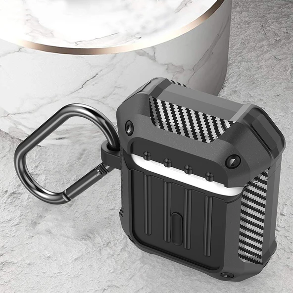 AirPods 1 2 Uyumlu Kırmızı Karbon Fiber Darbeye Dayanıklı TPU Koruyucu Kılıf - 4