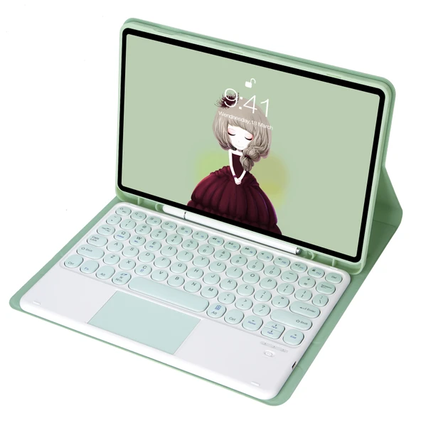 Apple iPad 10.2 2019 2020 Air 2019 Pro 10.5 Inç Uyumlu Bluetooth Klavyeli Deri Kılıf Dokunmatik Kontrol Açık Yeşil - 4