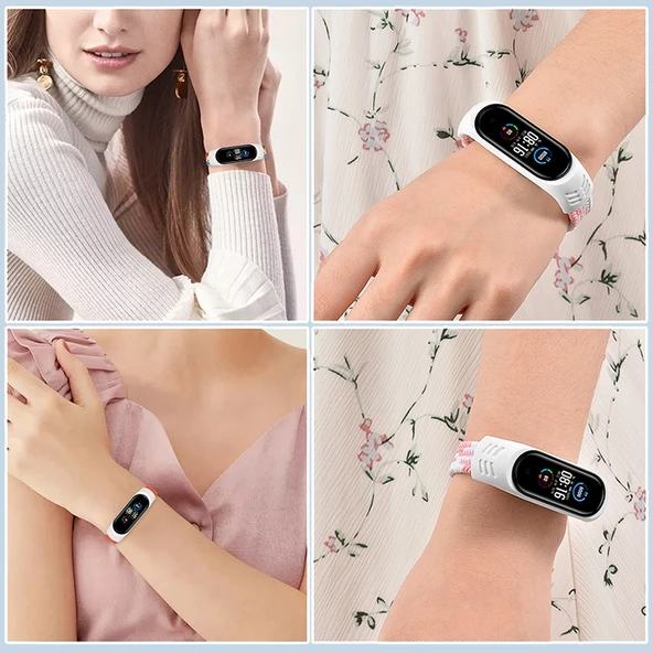 Xiaomi Mi Band 6 5 4 3 Uyumlu Siyah Beyaz Naylon Elastik Örgü Saat Kayışı L Boy 170mm - 5