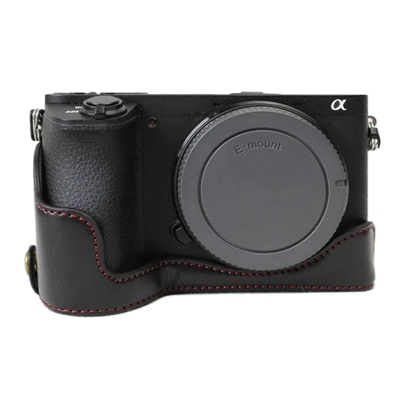 Sony ILCE A6500 Kamera Yarım Kılıf Tabanı Siyah PU Deri 14 İnç Vida