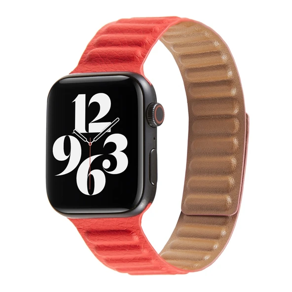 Apple Watch Deri Loop Kordon Kırmızı 38mm 40mm 41mm Uyumlu - 1