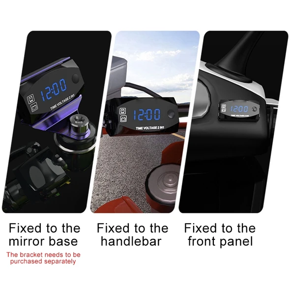 Motosiklet Çok Fonksiyonlu 2'si 1 Arada Dijital Voltmetre ve Elektronik Saat Mavi Işık 6-30V IP67 - 7