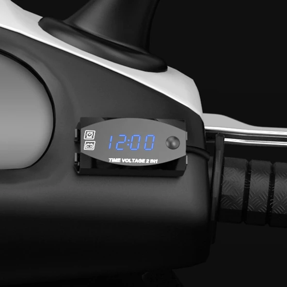 Motosiklet Çok Fonksiyonlu 2'si 1 Arada Dijital Voltmetre ve Elektronik Saat Mavi Işık 6-30V IP67