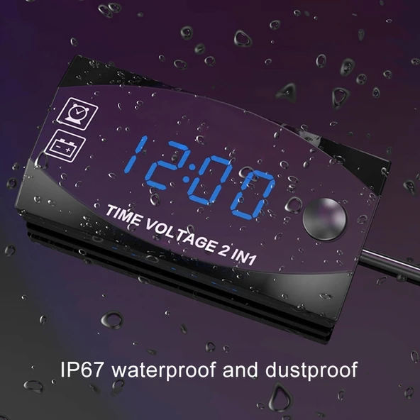Motosiklet Çok Fonksiyonlu 2'si 1 Arada Dijital Voltmetre ve Elektronik Saat Mavi Işık 6-30V IP67 - 5