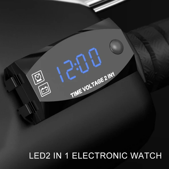 Motosiklet Çok Fonksiyonlu 2'si 1 Arada Dijital Voltmetre ve Elektronik Saat Mavi Işık 6-30V IP67 - 6