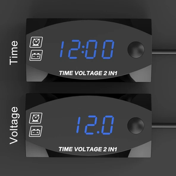 Motosiklet Çok Fonksiyonlu 2'si 1 Arada Dijital Voltmetre ve Elektronik Saat Mavi Işık 6-30V IP67 - 4