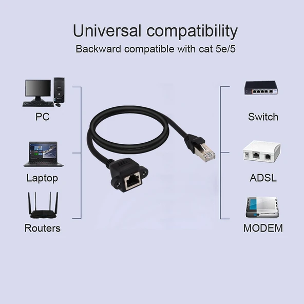 RJ45 Dişi Erkek CAT5E Panel Montajlı Vida Kilitli Uzatma Kablosu 1.5 Metre Siyah - 5