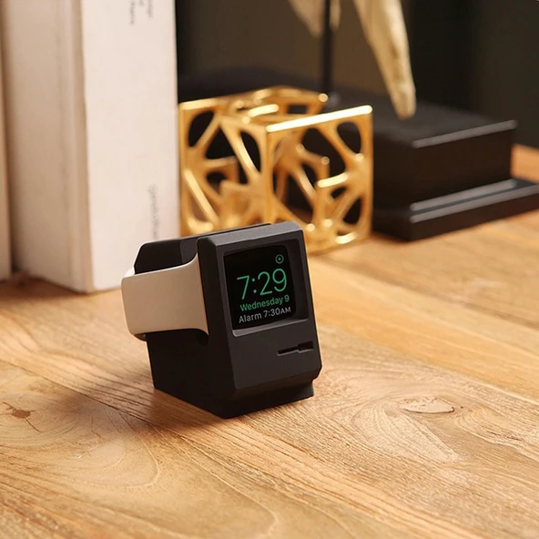 Retro Stil Silika Jel Apple Watch Şarj Standı Tutucu Siyah - 6