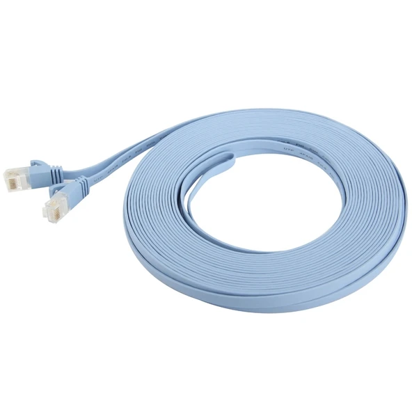 CAT6 Ultra İnce Düz Ethernet Ağ LAN Kablosu 10 Metre Bebek Mavisi - 4
