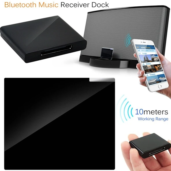 Kablosuz Bluetooth Müzik Alıcısı Siyah iPhone 4 4S iPad 2 3 iPod Uyumlu - 6
