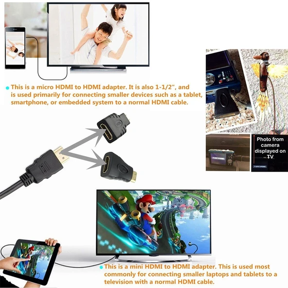 3 in 1 Full HD 1080P HDMI Kablo Adaptör Seti 1.5 Metre HDMI Kablo Mini HDMI ve Micro HDMI Adaptörlü - 5
