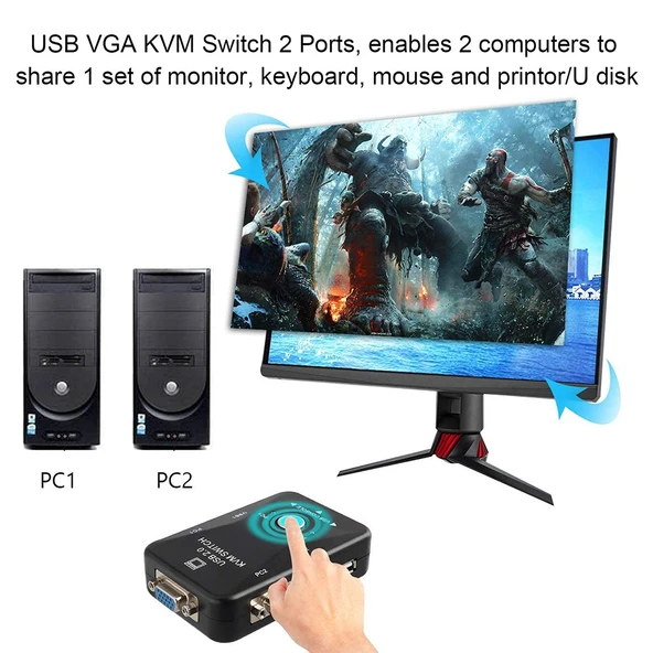 2 Portlu USB KVM Switch Kutusu Kontrol Butonlu Siyah - 3