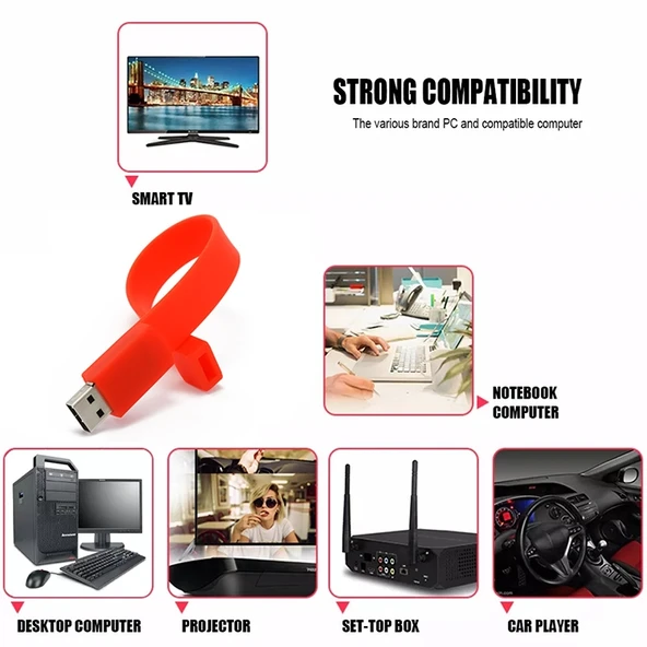 16GB Kırmızı Silikon Bileklik USB 2.0 Flash Bellek - 6