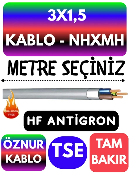 Öznur 3X1,5 NHXMH (ALEV İLETMEZ) Kablo Metre Seçenekli (Gri)