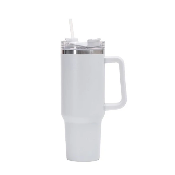 40oz Beyaz Gen1 Çift Katmanlı Vakumlu Paslanmaz Çelik Termos Bardak Saplı ve Pipetli