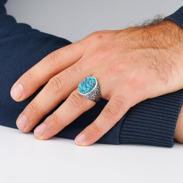 Oval Mavi Turkuaz Taşlı Desenli 925 Ayar Gümüş Erkek Yüzük - Resim 2