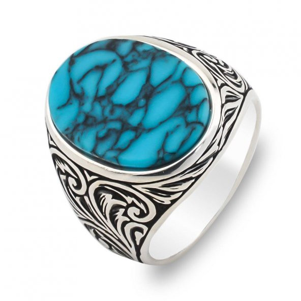 Oval Mavi Turkuaz Taşlı Desenli 925 Ayar Gümüş Erkek Yüzük - Resim 3