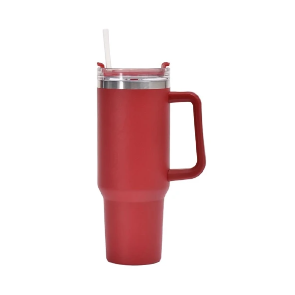 40oz Kırmızı Gen1 Çift Katmanlı Vakumlu Paslanmaz Çelik Termos Bardak Saplı ve Pipetli