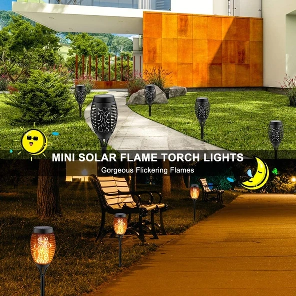2 Adet Dış Mekan Bahçe Güneş Enerjili Alev Işığı Su Geçirmez Peyzaj Lambası 12 LED - 4