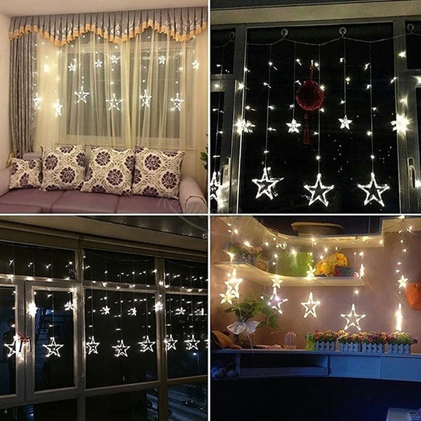 220V EU Fişli LED Yıldız Işık Perde Sıcak Beyaz - İç ve Dış Mekan Dekoratif Aşk Lambası - 6