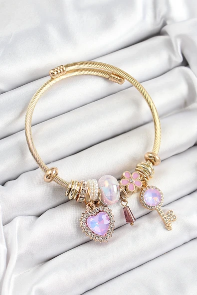 316L Çelik Mor Zirkon Taşlı Anahtar Ve Kalp Model Gold Renk Charm Bileklik - TJ-BB7320