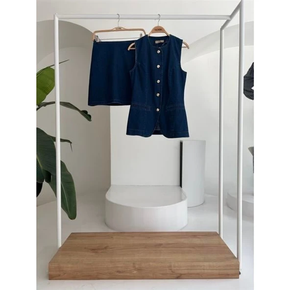 Kolsuz Yelekli Mini Etekli Denim Takım - 9