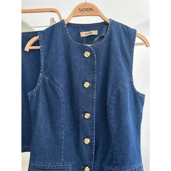 Kolsuz Yelekli Mini Etekli Denim Takım - 12