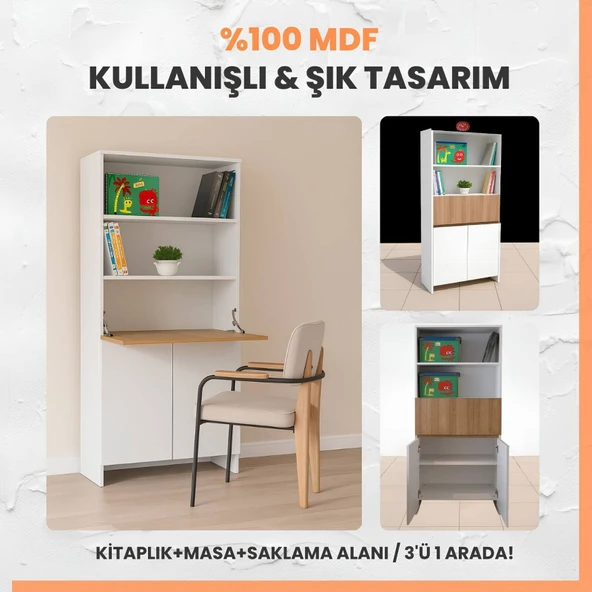 Kitaplıklı ve Açılabilir Çalışma Masalı Çok Amaçlı Ünite-%100 MDF - Resim 2