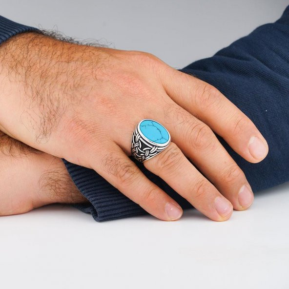 Mavi Turkuaz Taşlı Örgü Desenli 925 Ayar Gümüş Erkek Yüzük - Resim 2