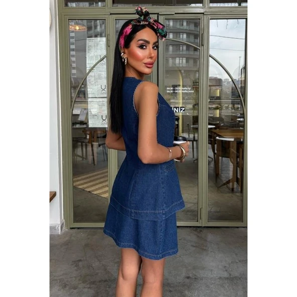 Kolsuz Yelekli Mini Etekli Denim Takım - 3