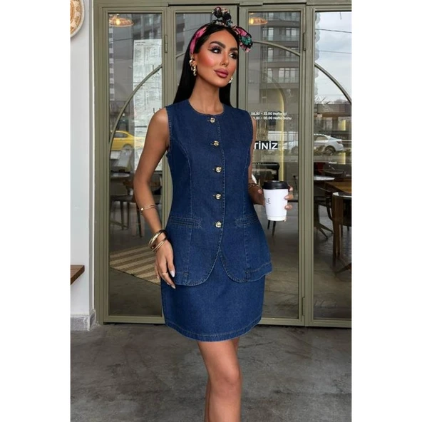 Kolsuz Yelekli Mini Etekli Denim Takım - 2