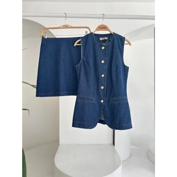 Kolsuz Yelekli Mini Etekli Denim Takım - 10