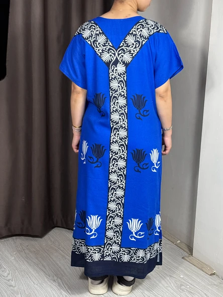 Uzun Yazlık Elbise Rahat Kalıp Nefes Alan Kumaş Mavi Renk - Resim 3