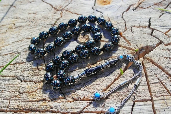 Kule Model Mavi Mine ve Gümüş İşlemeli Oltu Sıkması Tespih - Resim 4