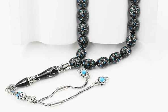 Kule Model Mavi Mine ve Gümüş İşlemeli Oltu Sıkması Tespih ürün görseli 1