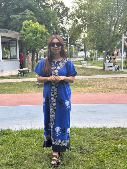 Uzun Yazlık Elbise Rahat Kalıp Nefes Alan Kumaş Mavi Renk ürün görseli 1