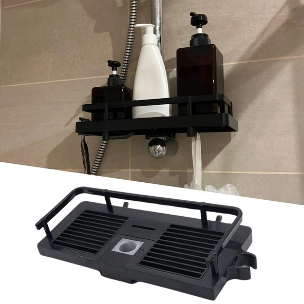 Siyah Duş Borusuna Sabitlenen Banyo Duş Rafı Şampuanlık Sabunluk Organizer - 6
