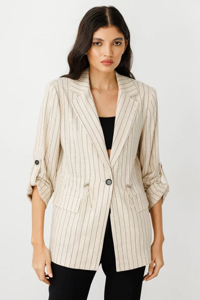Ekol Kadın Çizgili Kapak Cepli Ceket 25YEKL04112 - 5
