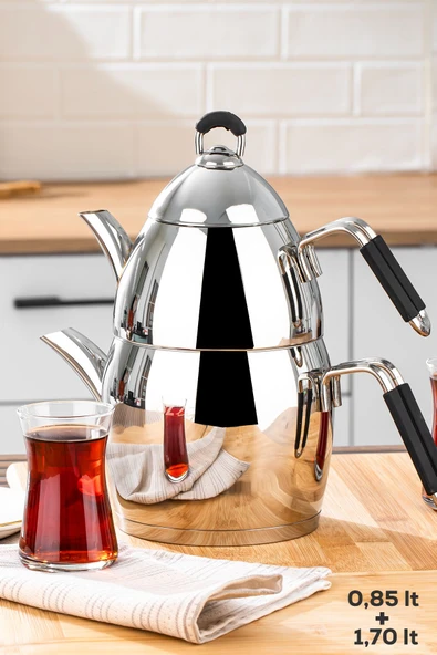 Özlife 1020 4 Parça Orta Boy Silikon Saplı Çelik Çaydanlık Takımı Gümüş