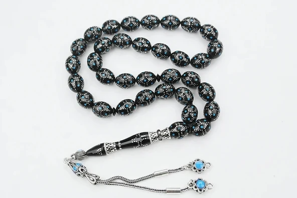 Kule Model Mavi Mine ve Gümüş İşlemeli Oltu Sıkması Tespih - Resim 2