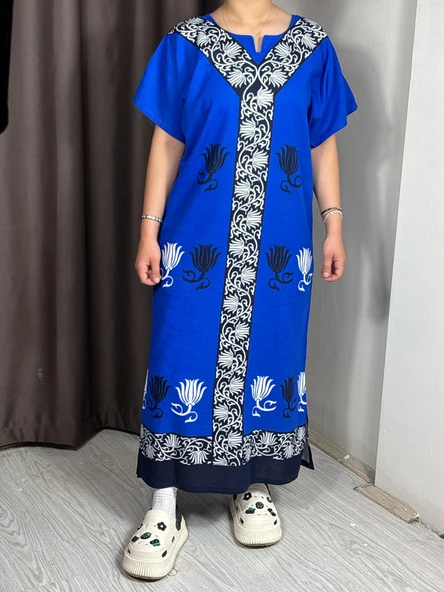 Uzun Yazlık Elbise Rahat Kalıp Nefes Alan Kumaş Mavi Renk - Resim 2