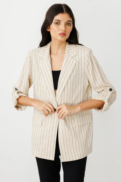 Ekol Kadın Çizgili Kapak Cepli Ceket 25YEKL04112 - 6