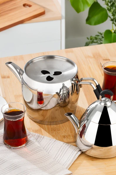 Özlife 1020 4 Parça Orta Boy Silikon Saplı Çelik Çaydanlık Takımı Gümüş - 2
