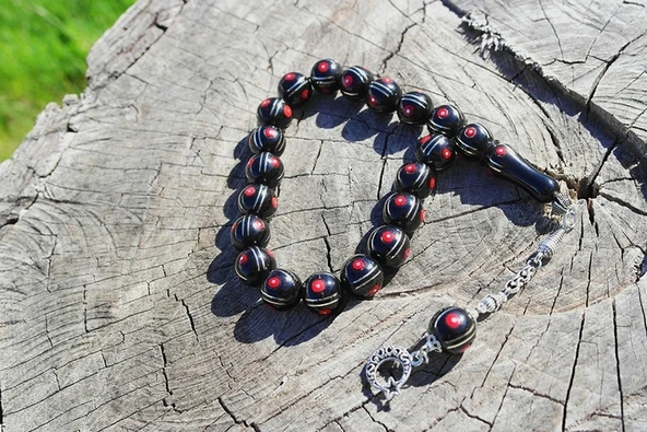 Maskot Mercan Karpuz İşlemeli Oltu Sıkma Tespih - Resim 4