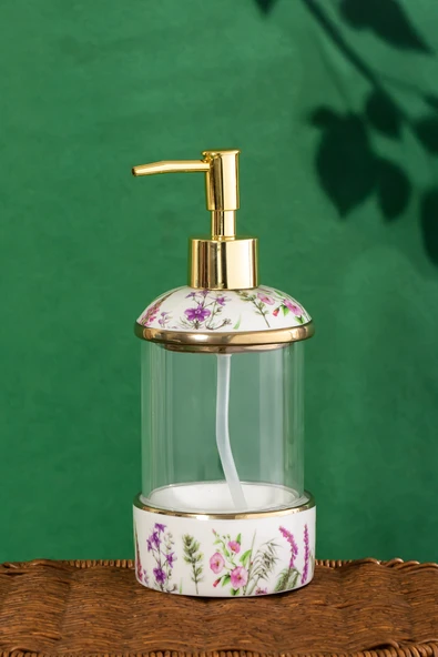 Porsima 3127-1 Gold Kapaklı Porselen Ve Cam Sıvı Sabunluk Çiçek Desenli Ve Şeffaf Tasarım 350 Ml Gold - 2