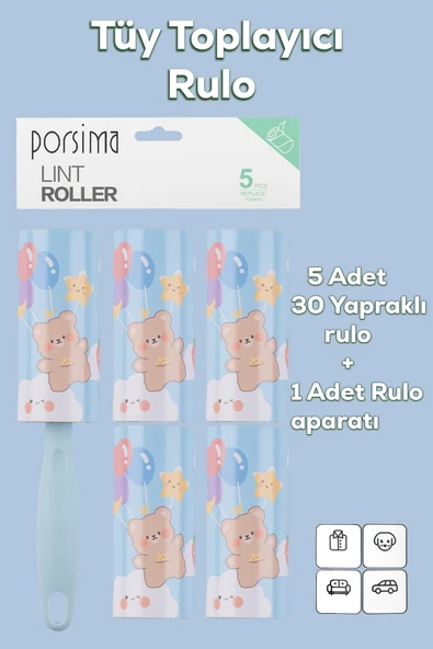 Porsima 3105 Kedi Köpek Tüy Toplayıcı Rulo 4 Adet Yedek Rulo Mavi - 5