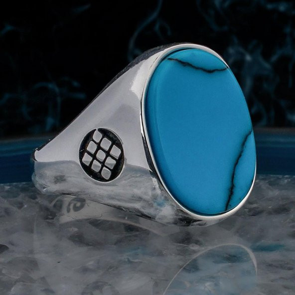 Oval Mavi Turkuaz Taşlı Sade Model Parlak Gümüş Erkek Yüzük ürün görseli 1