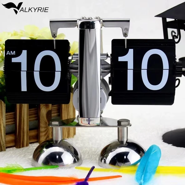 Valkyrie Retro Metanik Yaprak Saat Ev Ofis Masa Saati Paslanmaz Çelik Çift Bacak Siyah