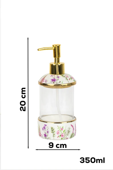 Porsima 3127-1 Gold Kapaklı Porselen Ve Cam Sıvı Sabunluk Çiçek Desenli Ve Şeffaf Tasarım 350 Ml Gold